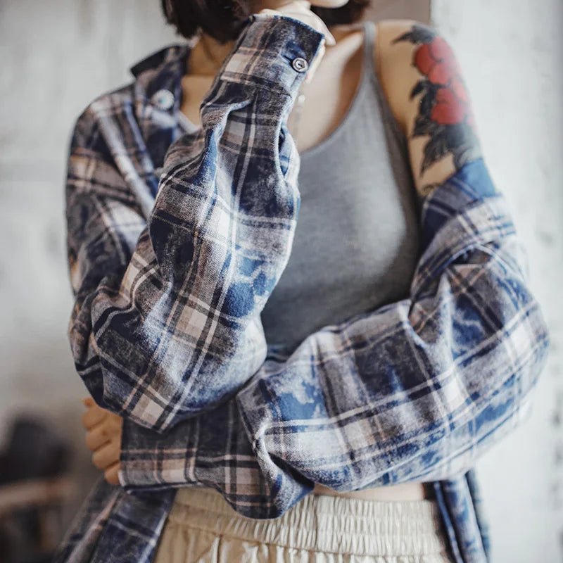 MADEN Damen Retro Flanell Langarm Kariertes Hemd 