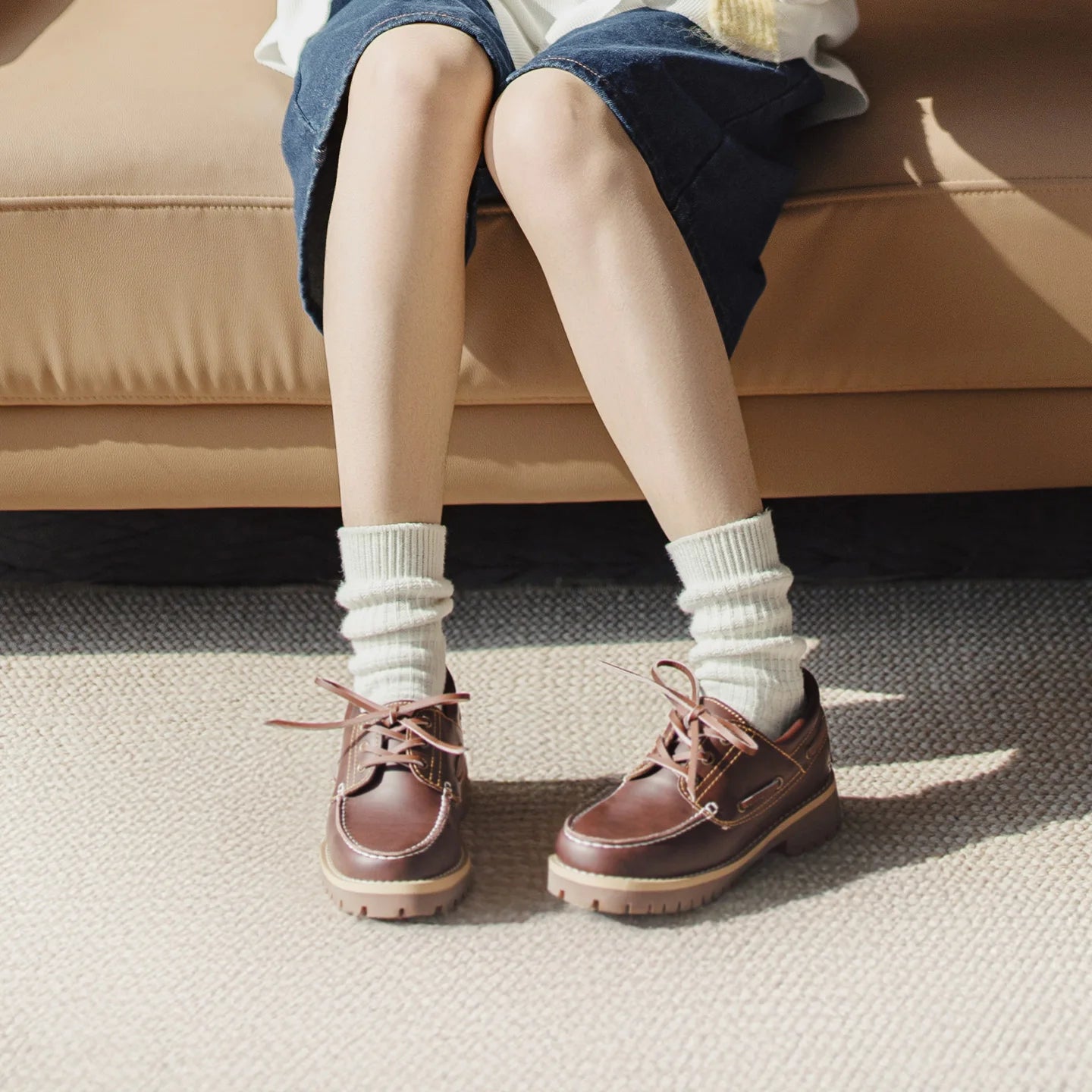 Mocassins Oxford en cuir pour femmes MADEN, marron vintage, bout rond, plats, à lacets, chaussures habillées décontractées printemps-automne 