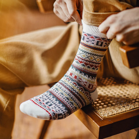 MADEN Herren-Socken im Vintage-Fair-Isle-Muster, 4 Paar, mittelhoch, warm, gestrickt, für Herbst, Winter und Weihnachten 