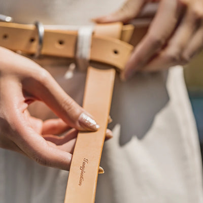 MADEN Women's Belt Retro vegetable Tanned First Layer Genuine Cowhide Leather Small Belt Simple Double Ring Decorative Thin Belt