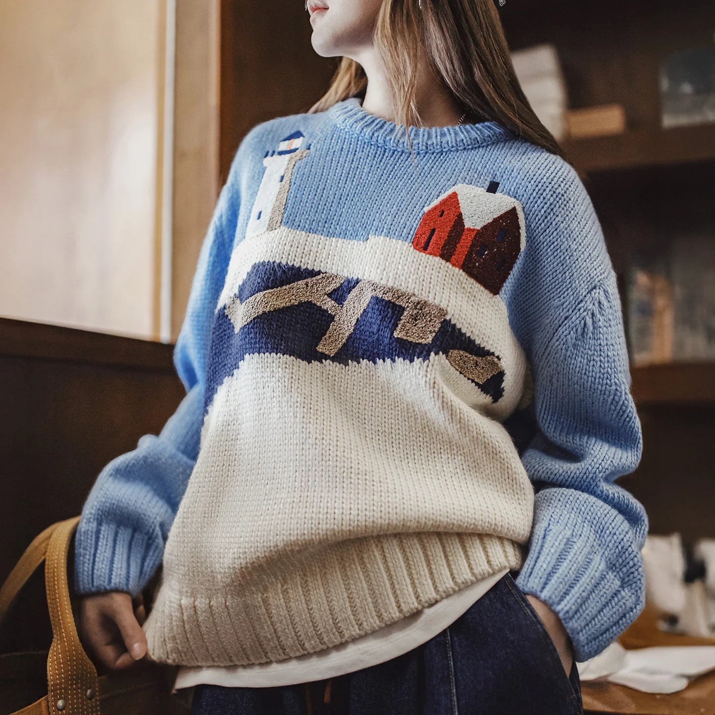 Suéter de punto jacquard suave MADEN con cuello redondo