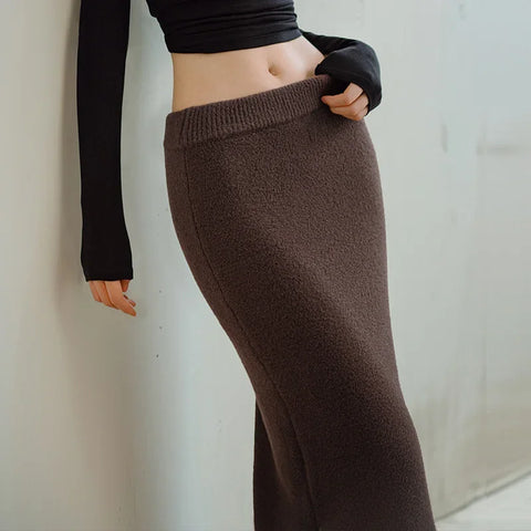 MADEN Retro Knitted Skirt Solid Color Slit Fit with Single-side Slit Versatile A - line Skirt for Women's Autumn and Winter