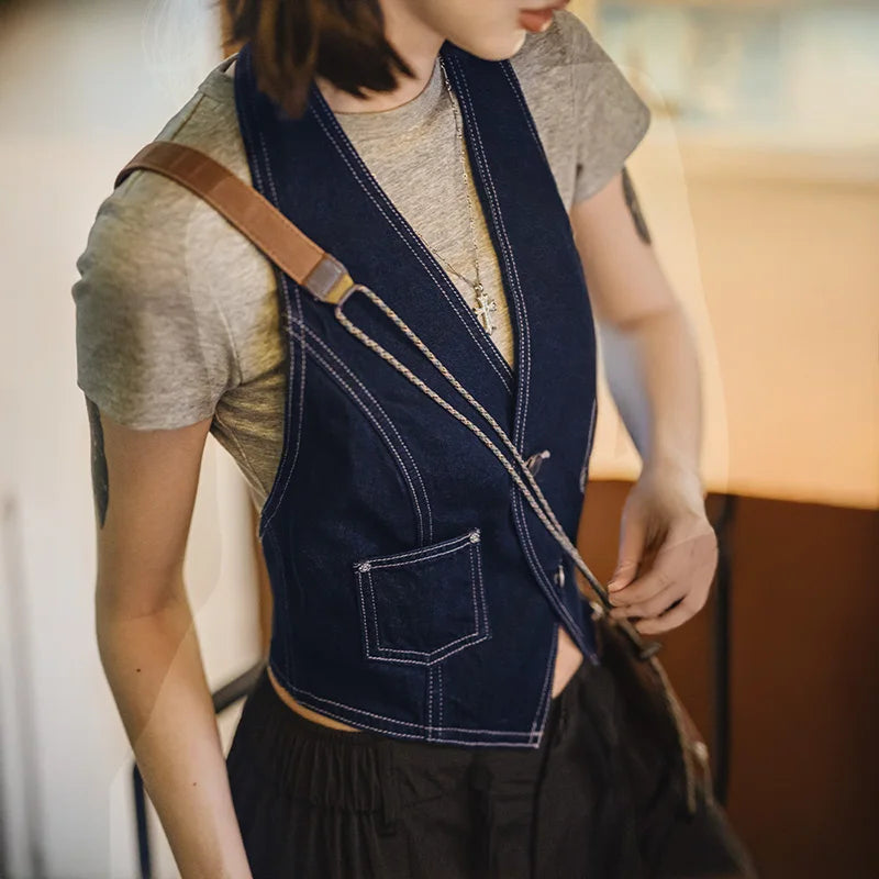 MADEN Débardeur en jean épais style vintage années 2000 pour femme, col V, sans manches, dos nu, bleu, sexy, idéal pour superposer les vêtements d'été. 