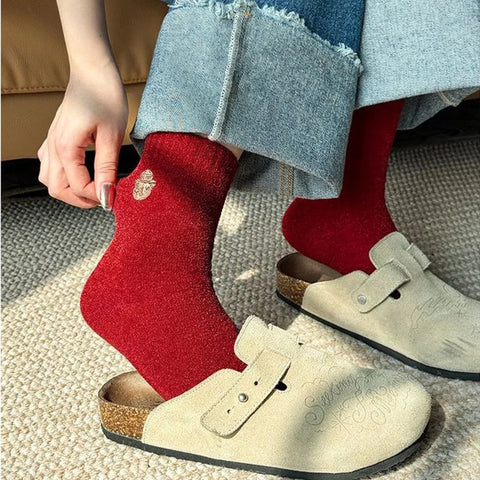 마덴 여성용 부드러운 중장목 양말 겨울용 두툼하고 따뜻한 포근한 뜨개질 양말 자수 곰 무늬 새해 선물