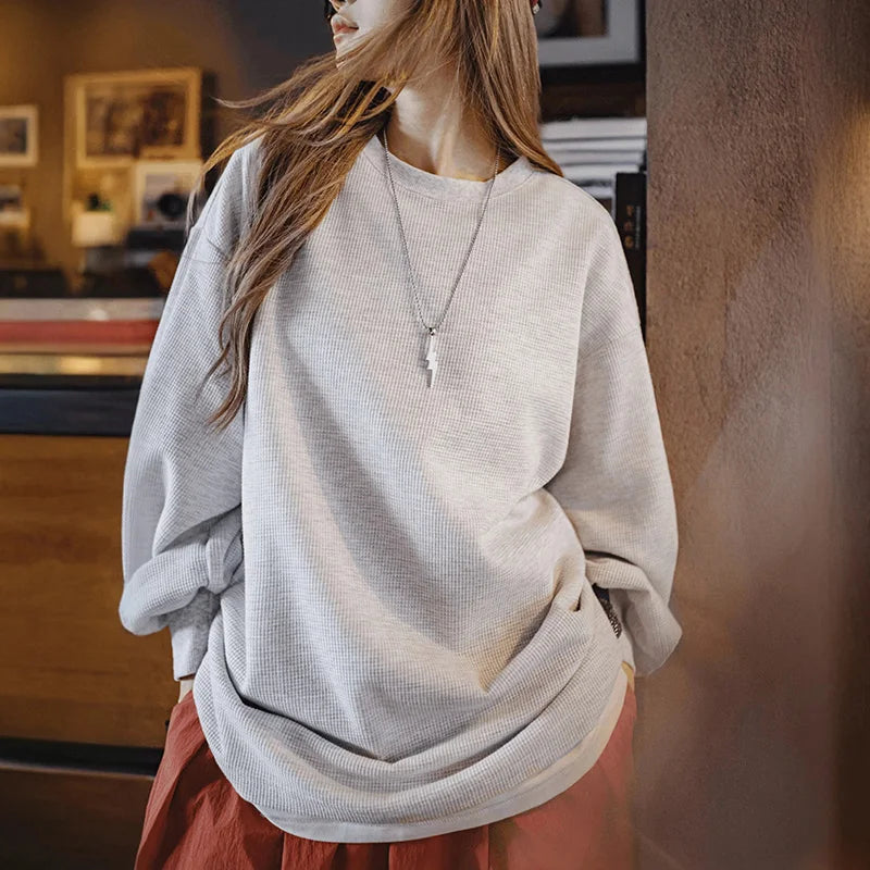 MADEN Damen-Sweatshirt mit Waffelstrick und Laternenärmeln 