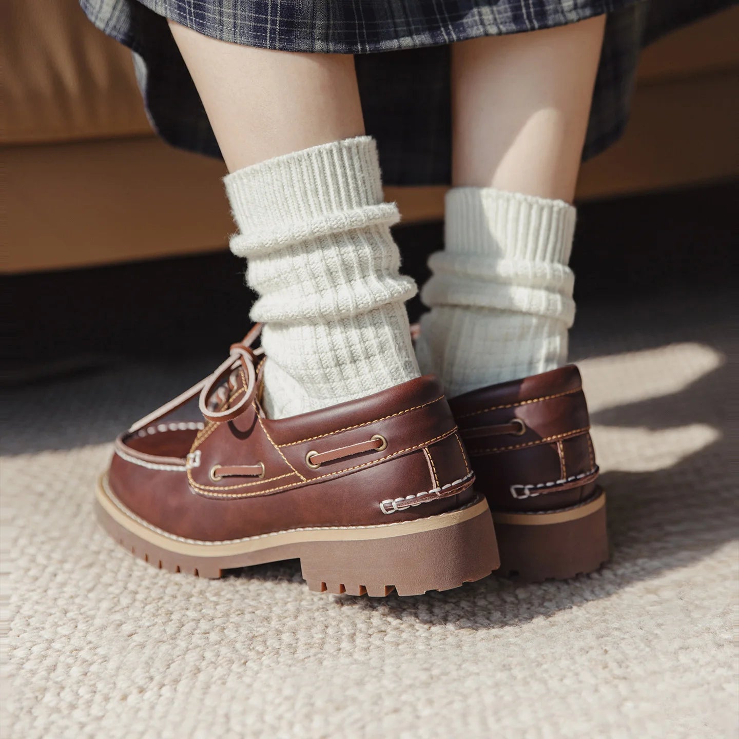 Mocassins Oxford en cuir pour femmes MADEN, marron vintage, bout rond, plats, à lacets, chaussures habillées décontractées printemps-automne 