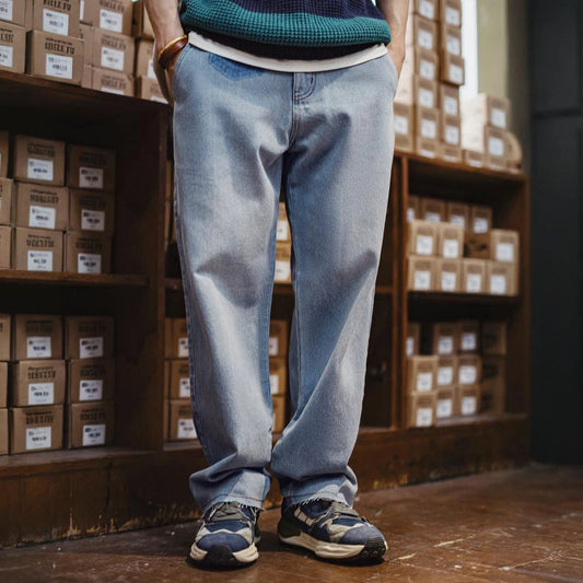 MADEN 세탁된 연한 파란색 데님 바지 면 원단 생가장자리 일자형 단색 남성용 캐주얼 바지 지퍼 출입 통제 디자인 포함