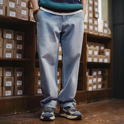 MADEN Washed Light Blue Denim Jeans Cotton Raw Edge Straight Solid Casual Trousers for Men with Zipper Access Control Design