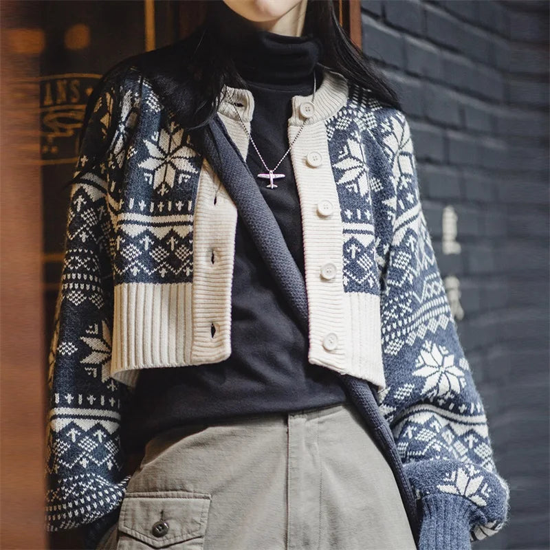 Cárdigan de punto estilo Fair Isle para mujer MADEN, suéter corto jacquard cálido de otoño e invierno, abrigo de manga larga para capas