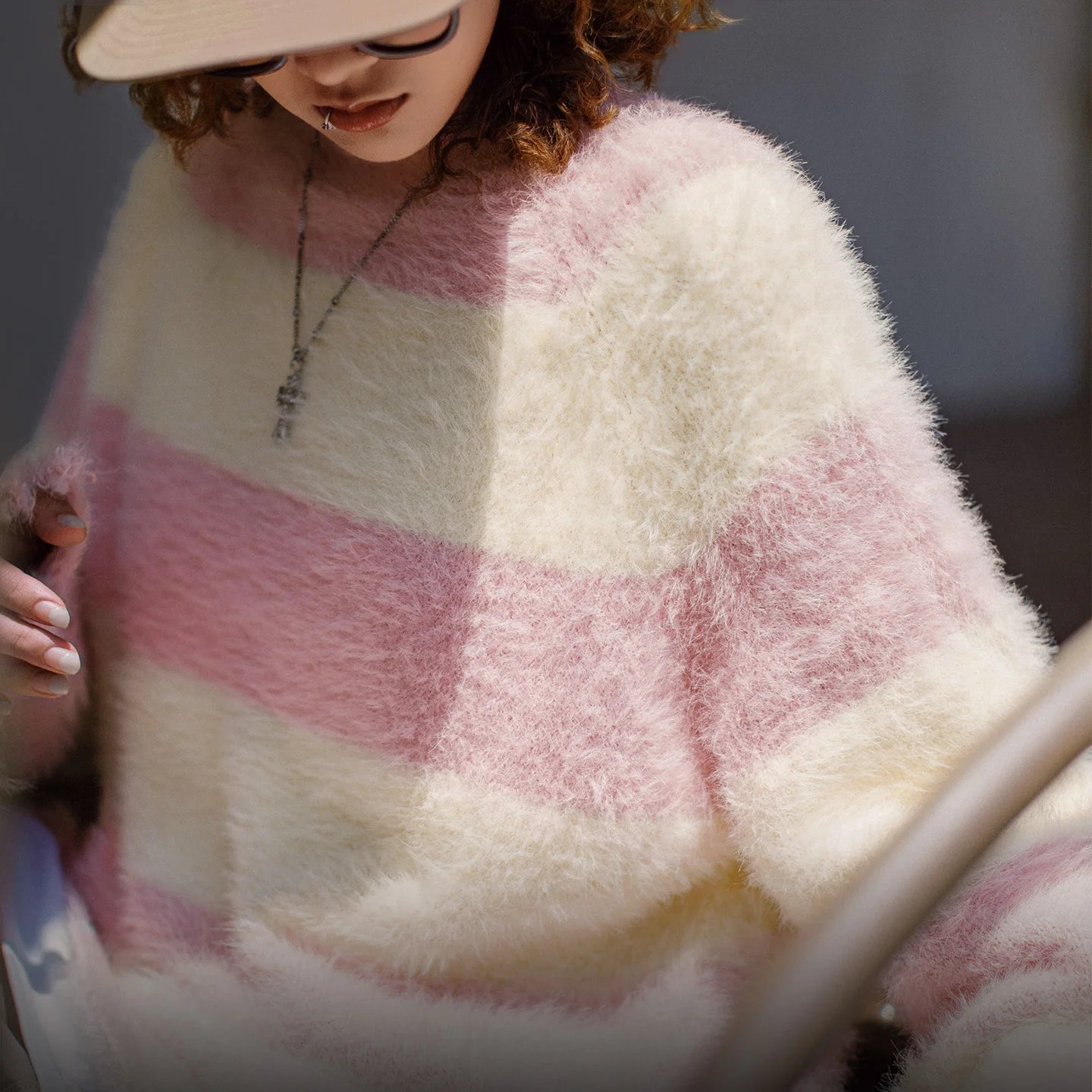 MADEN Women's Korean Style Pink Striped Knit Sweater Mock Neck Soft Fluffy Loose Fit Pullover Warm  Autumn Winter Top