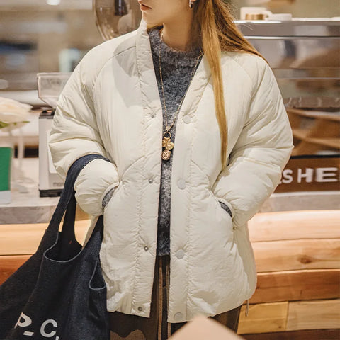 MADEN Women's White V-neck Cotton-padded Coat Warm Padded Jacket Simple Single-row Button Thick Puffer Coat Outerwear for Winte