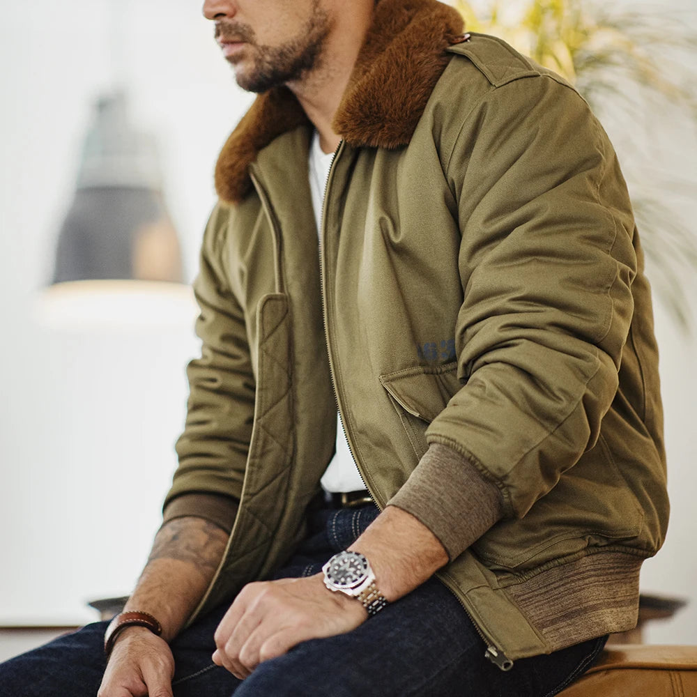 MADEN Men’s Vintage B10 Bomber Jacket Fur Collar