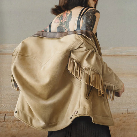 MADEN Damen-Wildlederjacke, Winterwarmer, weicher Plüschmantel, Freizeit- und Arbeitsjacke mit Quastenverzierungen 