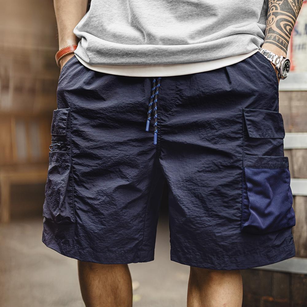 MADEN Techwear Cargo-Shorts für Herren, schnelltrocknend, Oversize, viele Taschen, Kordelzug, Outdoor-Funktion, Marineblau 
