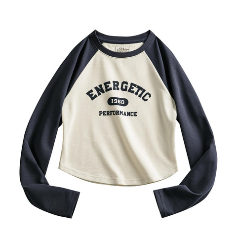 Maden Kurzarm-Langarm-T-Shirt für Damen, kontrastfarbenes Rundhals-Top mit Buchstabenprint, Baseball-Aufdruck, Unterwäsche 