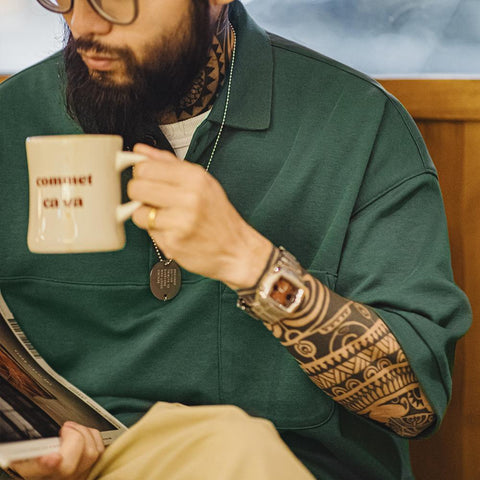 MADEN Retro Grünes Poloshirt Kurzarm Schweres Material Lockerer College-Stil Kragen T-Shirt Herren Sommer 