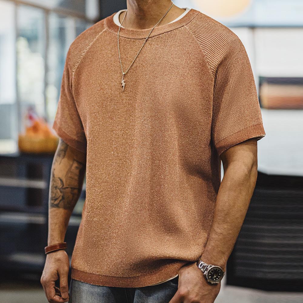 MADEN Oranges geripptes Kurzarm-T-Shirt mit Rundhalsausschnitt