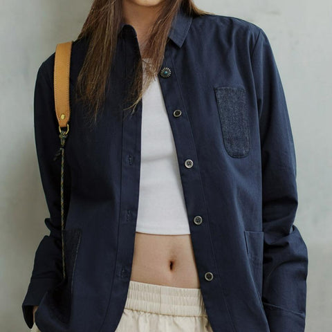 MADEN Jeanshemd mit Taschen und Patchwork-Design für Damen, langärmelige Freizeitjacke, marineblaues Baumwollhemd, Herbstblusen, Streetwear-Tops 