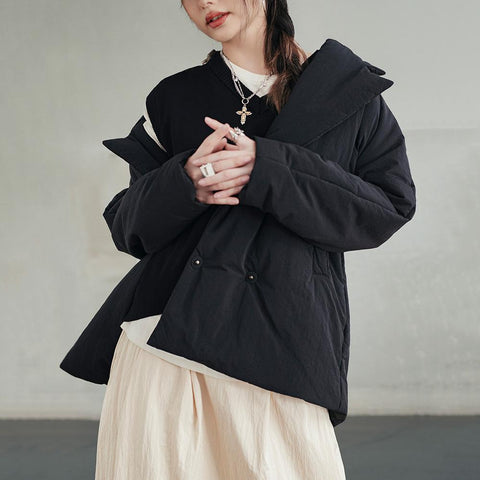 MADEN Damen-Steppmantel, locker geschnitten, einfarbig, warm, Winter, bequem, vielseitig, dicker Reverskragen, Basic, schwarz 