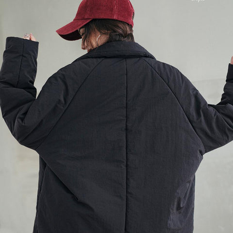 MADEN Damen-Steppmantel, locker geschnitten, einfarbig, warm, Winter, bequem, vielseitig, dicker Reverskragen, Basic, schwarz 