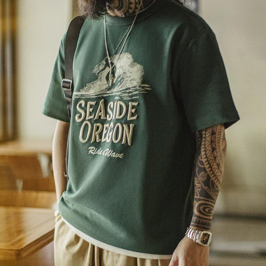 MADEN Herren T-Shirt aus schwerer Baumwolle mit 3D-Stickerei und Digitaldruck