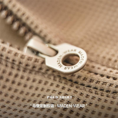 MADEN Waffel-Poloshirt für Herren, 330 g schweres Material, Halbreißverschluss-T-Shirt, lässiges Kurzarmhemd mit Reverskragen, Sommeroberteil 