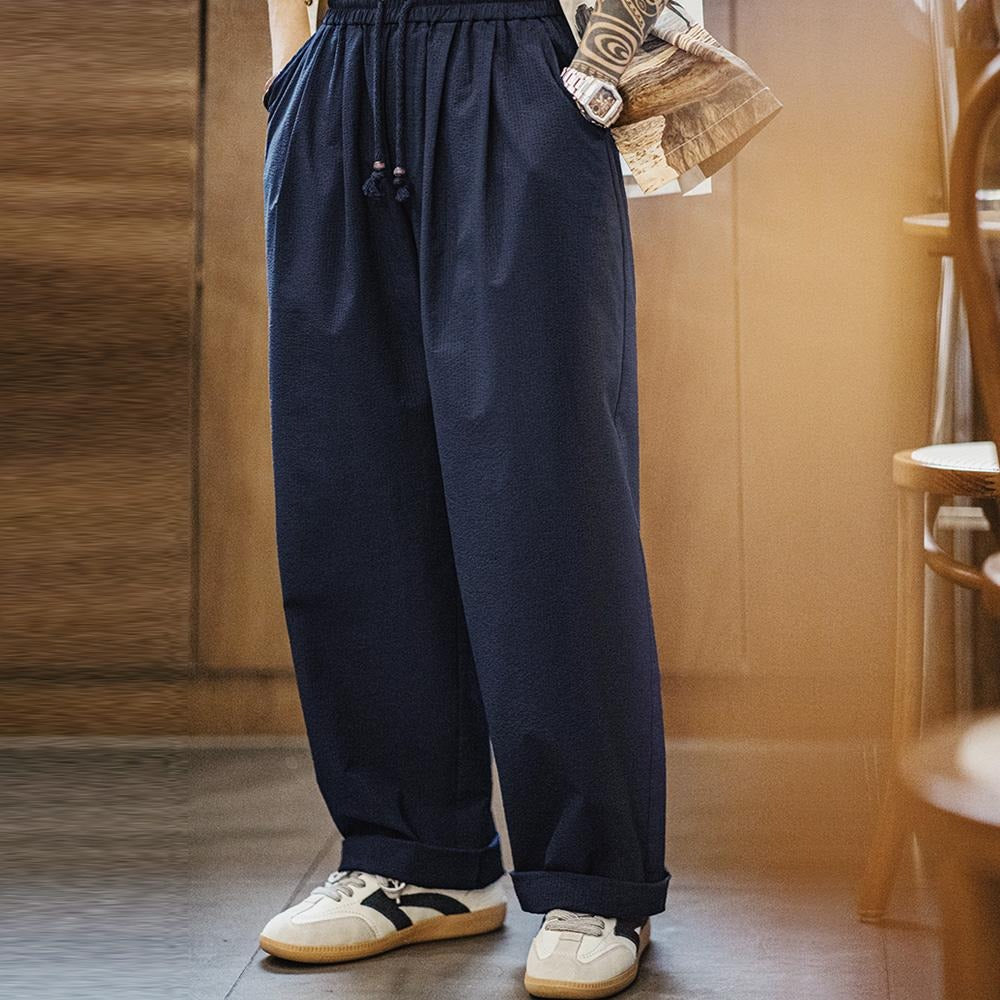 MADEN American Casual Waist Tie Seersucker Japanese Lantern Pants Men Loose Wide Leg Breathable Scimitar Pants Spring Summer