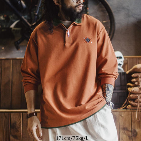 Polo homme MADEN style rétro navajo orange en maille à manches longues, broderie, tenue décontractée printemps-automne, col double épaisseur, extérieur 