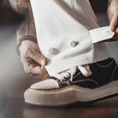 MADEN Men's White Cargo Pants Loose-Fit Straight-Leg Trousers Utility Big Pockets Design Cotton Fabric Versatile Outdoor Commutes