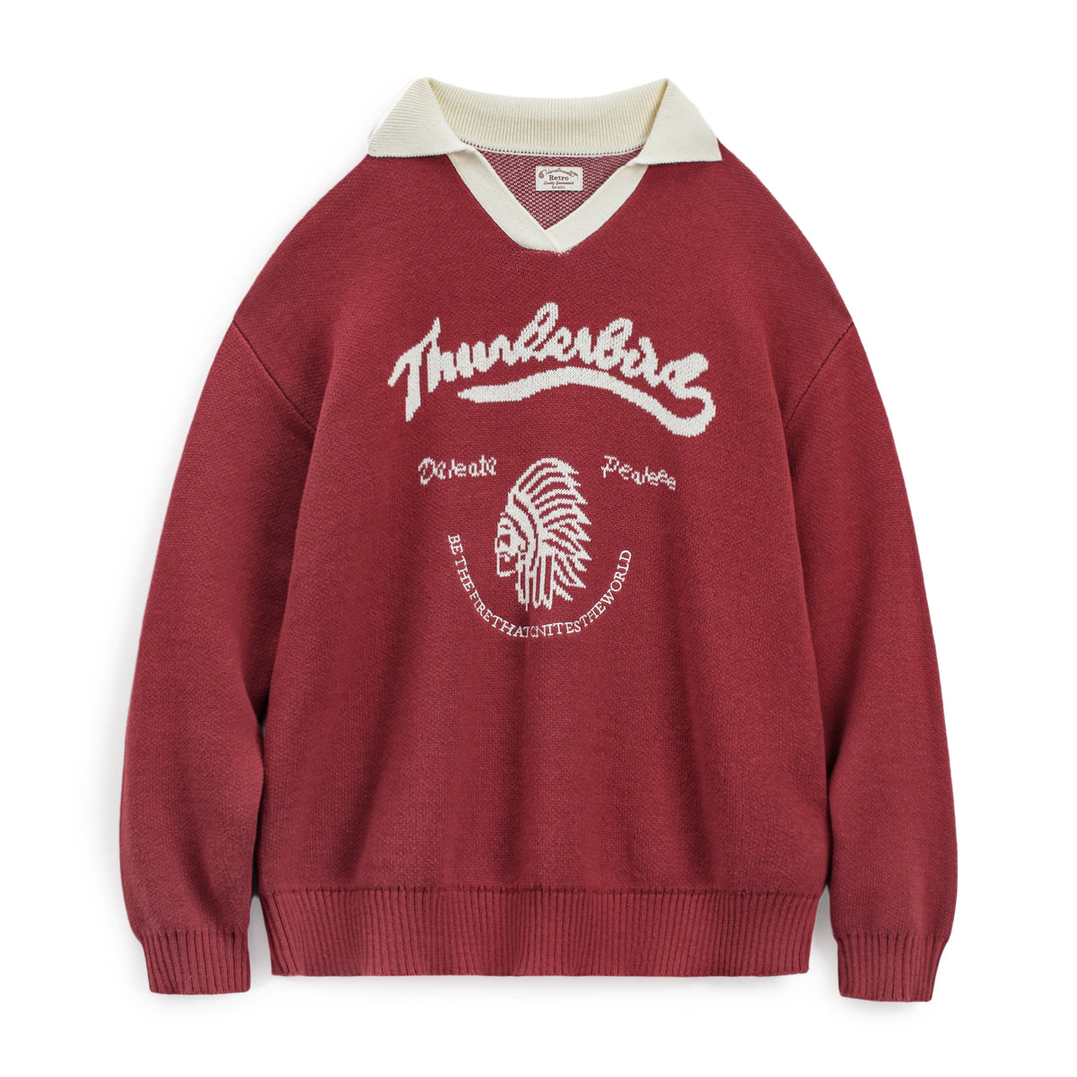 MADEN Retro Burgunderfarbener Color-Block V-Ausschnitt Pullover