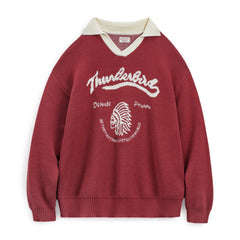 MADEN Retro Burgunderfarbener Color-Block V-Ausschnitt Pullover