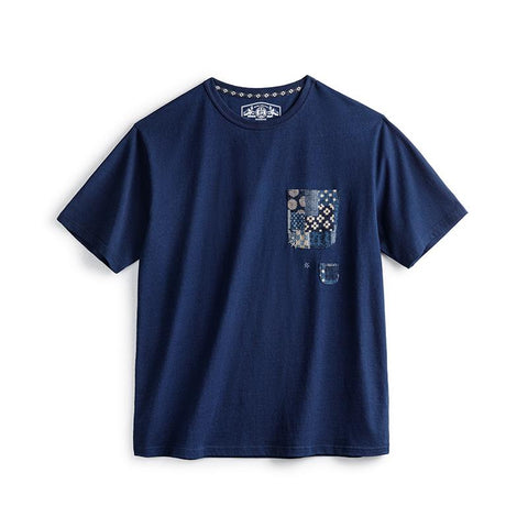 MADEN Casual T-shirt Men Vintage Indigo Plant-Based Blue Dye Cotton 100% Tee Patchwork Pockets Uncle Fu Original Design