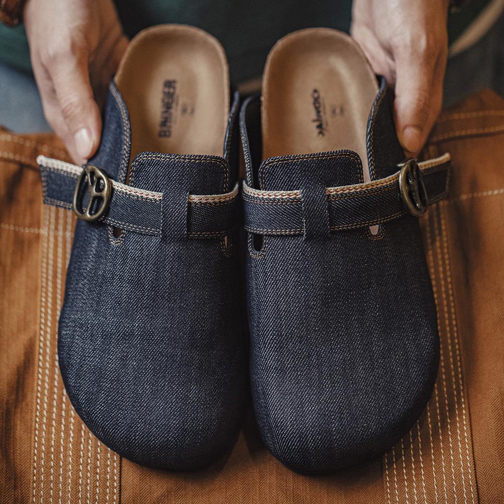 MADEN Denim Mule Sandals – Retro Cork Slip-On Outdoor Shoes