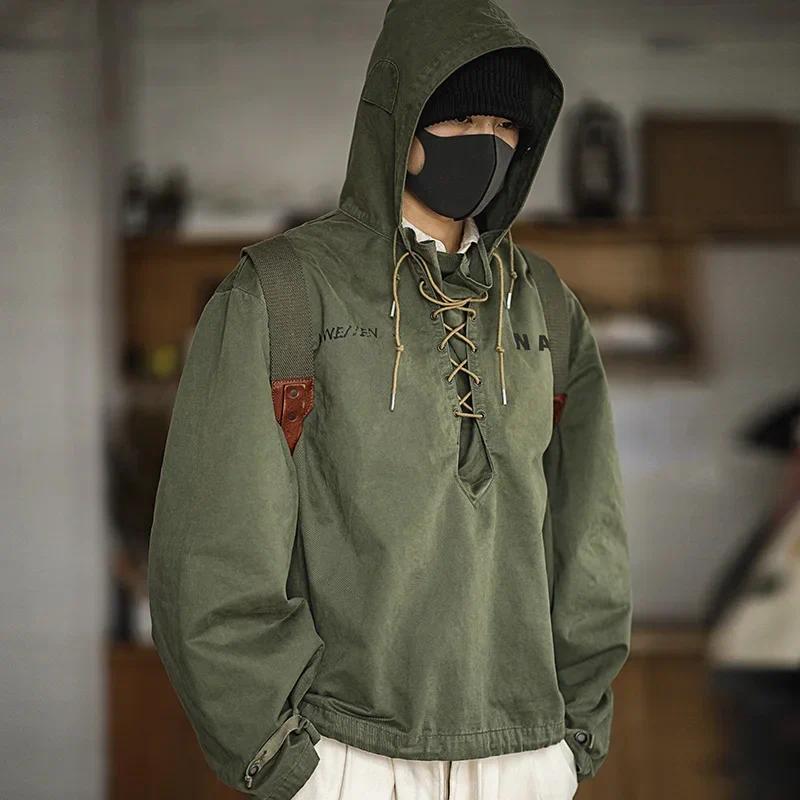 Chaqueta con capucha para hombre Maden Chaqueta de manga larga tipo cubierta Cuello con cordón Chaqueta de trabajo Puños verdes Cierre con cinta Chaqueta