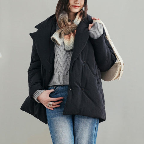 MADEN Damen-Steppmantel, locker geschnitten, einfarbig, warm, Winter, bequem, vielseitig, dicker Reverskragen, Basic, schwarz 