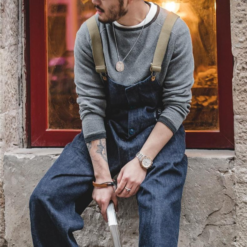 MADEN Herren Schwergewicht Baumwoll Cargo Denim Latzhose