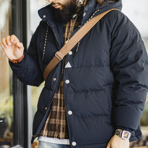 マデン キルティング 羽毛入り上着 90％白鴨羽毛 厚手 フード付き 中綿入り 男性用 高密度生地 暖かい冬用アウター