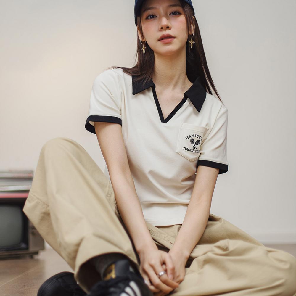 Maden Vintage V-Neck Shirt Women’s Casual Contrast Tee