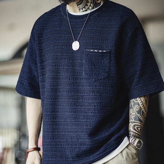 MADEN Herren Jacquard-Strick-T-Shirt mit Wellenmuster