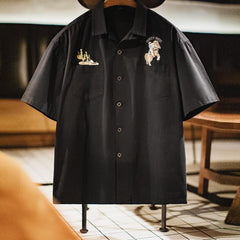 MADEN Cuban Collar Embroidered Short Sleeve Shirt