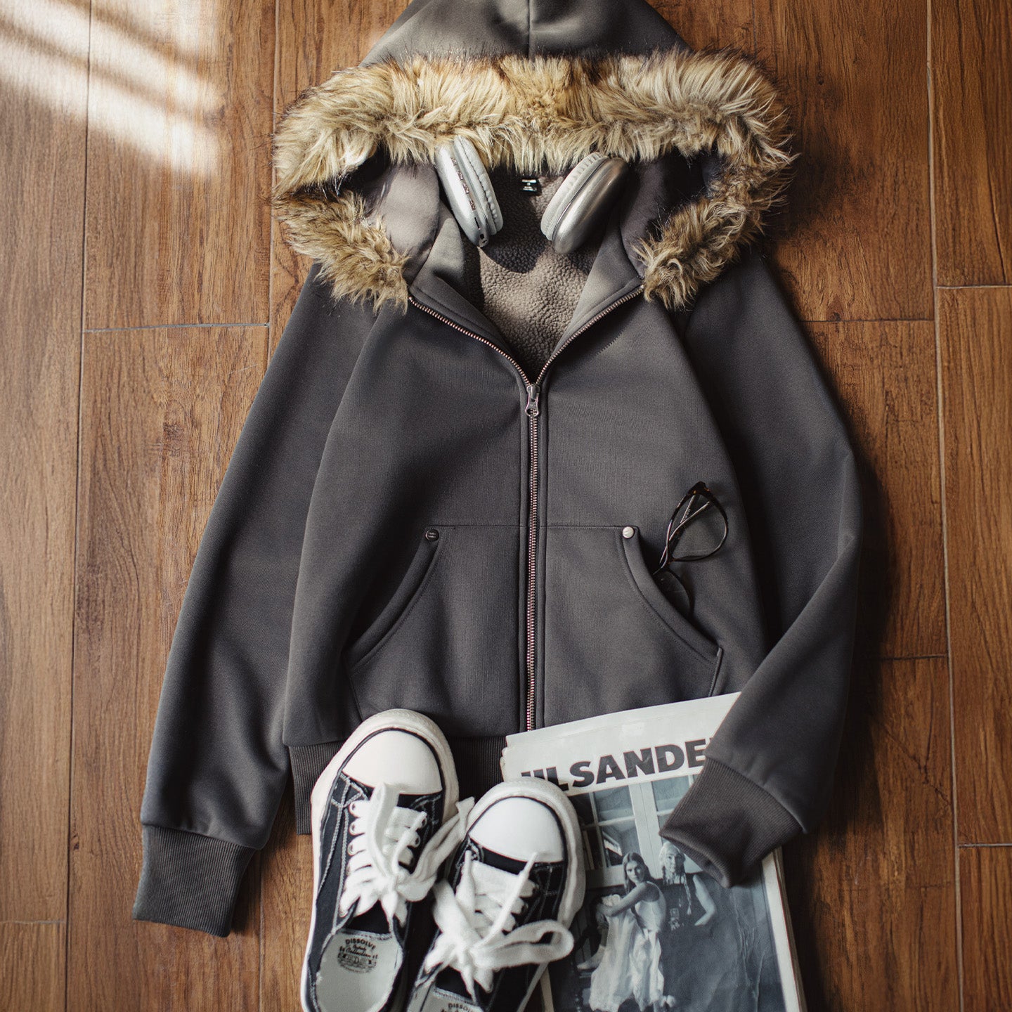 MADEN Fleece-Kapuzenjacke mit Pelzkragen und Reißverschluss 
