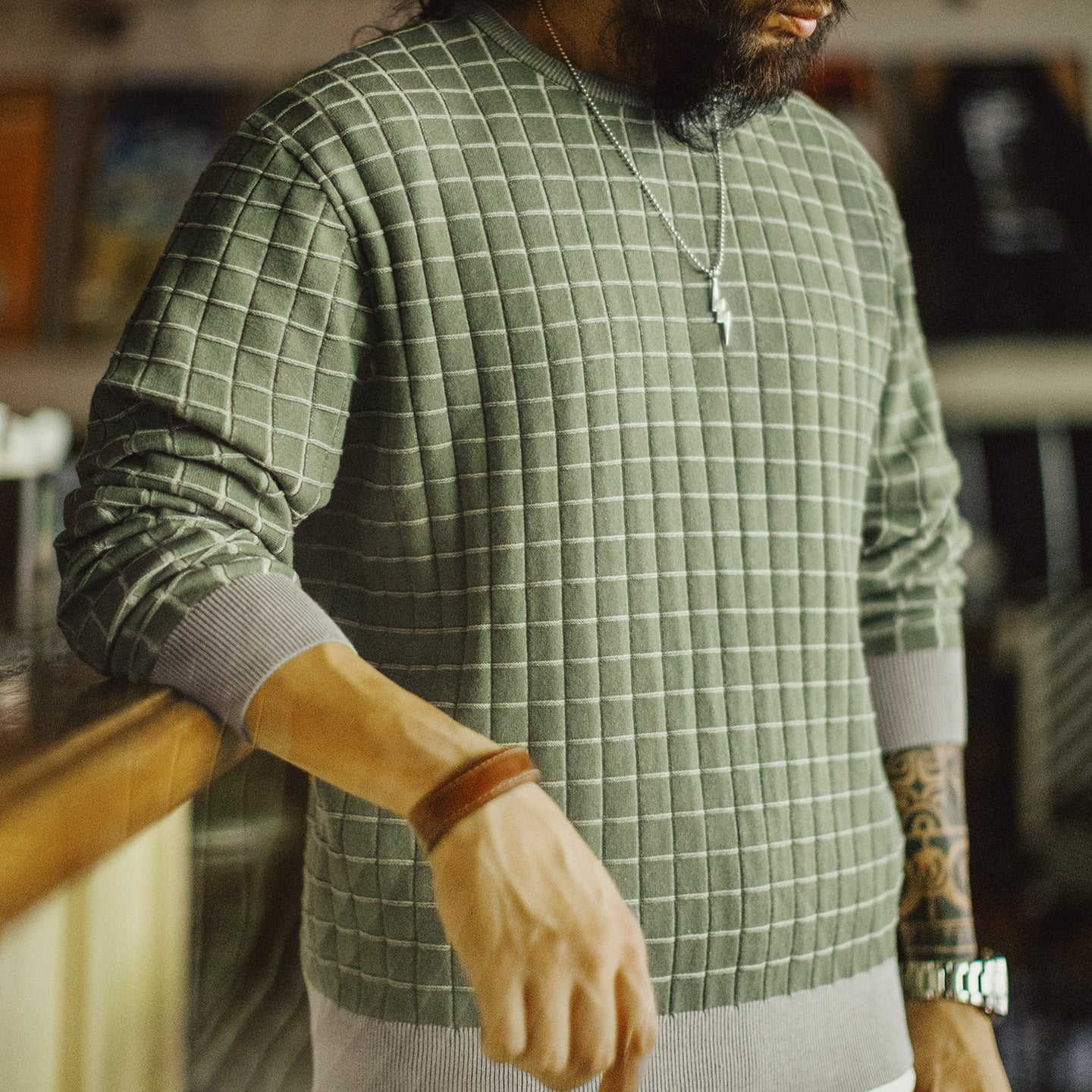 MADEN Herren Sweatshirt mit grünem Karomuster
