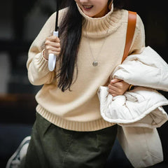 마덴 여성 하이넥 스웨터 가을 겨울 두꺼운 따뜻한 니트 의류 밀 이삭 질감 스웨터 베이지색 풀오버 상의