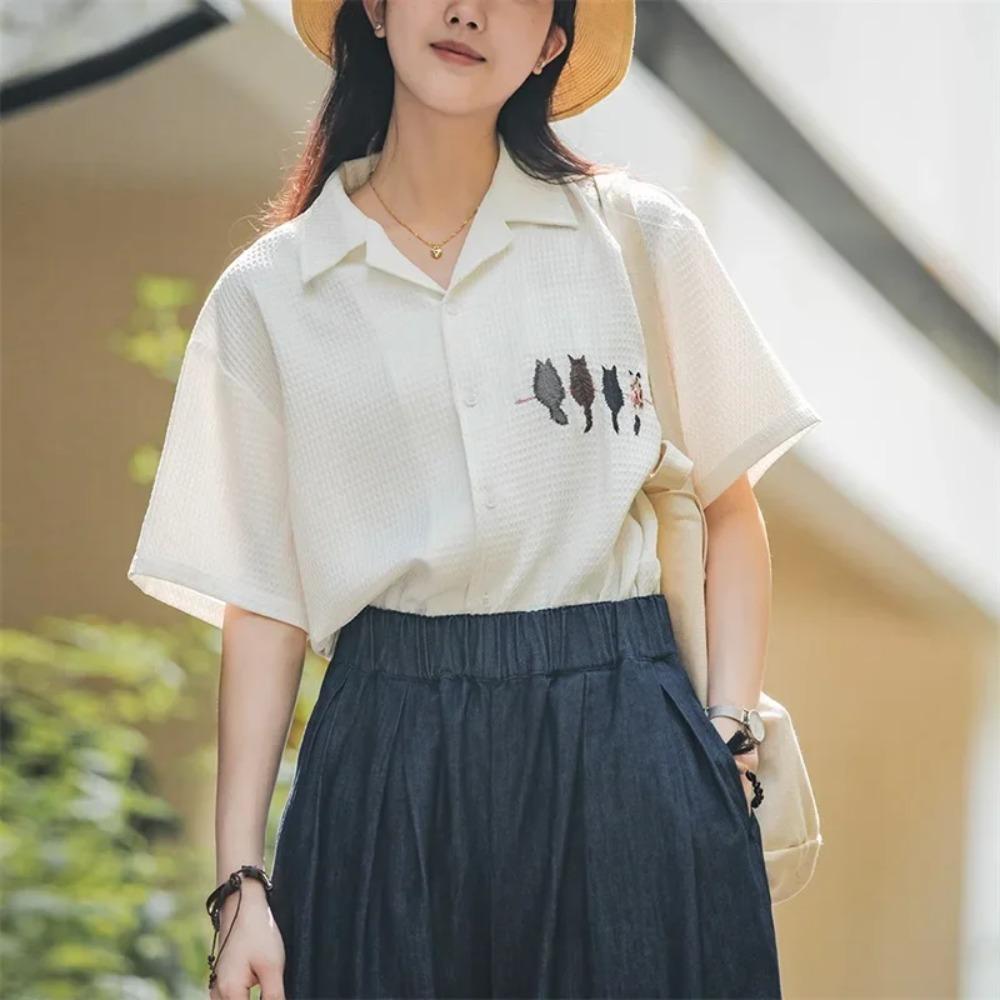 Maden Damen Kurzarm Shirt - Freizeit Vintage Stickerei