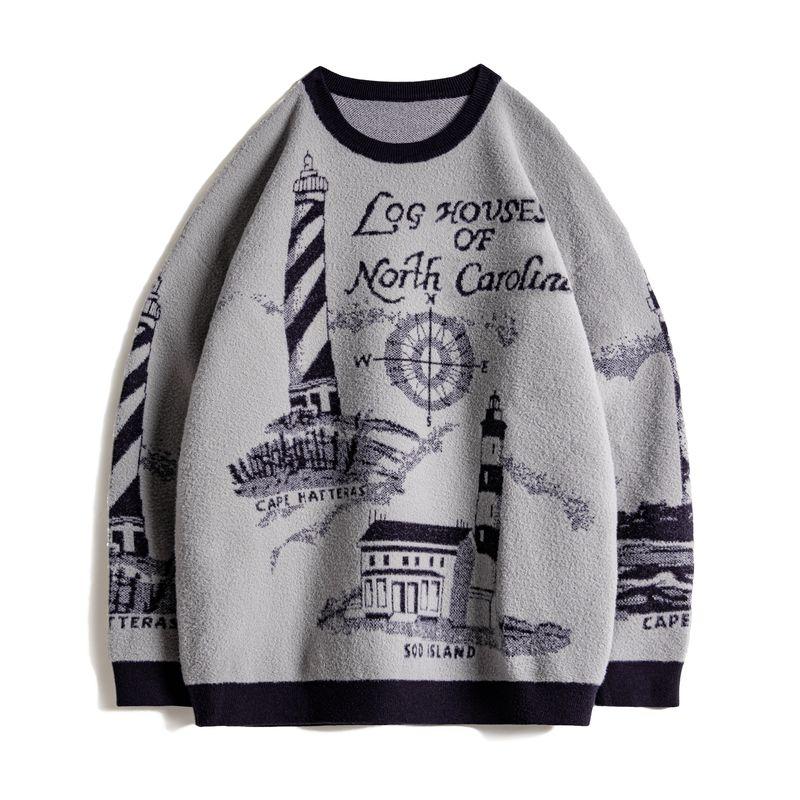 MADEN Leuchtturm Strickpullover - Lockerer Schwerer Pullover Grau
