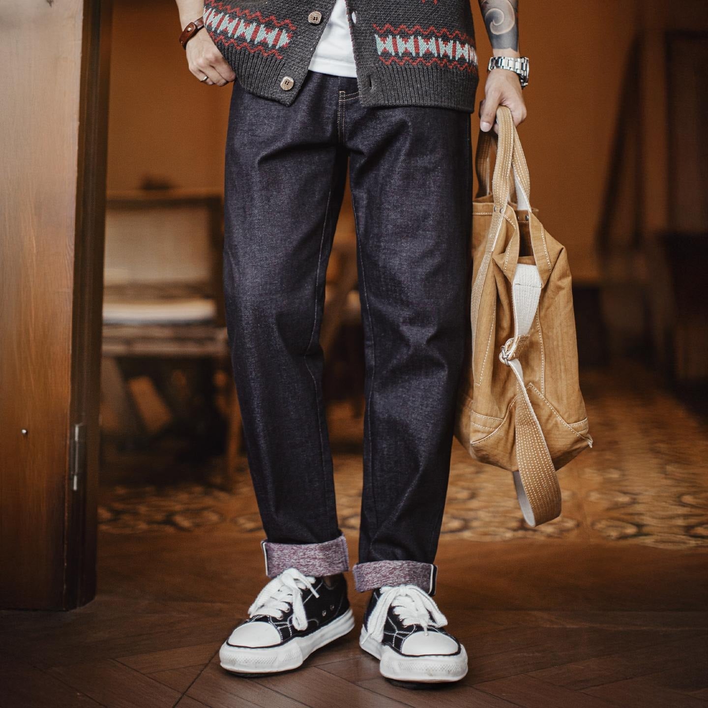 MADEN Karmesinrote Denim Jeans – Selvedge Raw Denim
