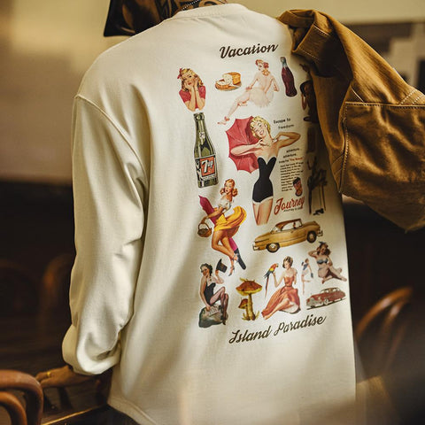 Maden Retro Printed Long-Sleeve T-shirt Relaxed-fit Casual Tee for Men Base Layer Round Neck Comfortable Menswear Brand Original Design