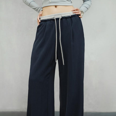 Pantalones de pierna ancha azul marino MADEN para mujer, ajuste holgado, cintura elástica, pantalones casuales, pantalones largos hasta el suelo con caída, pantalones cómodos