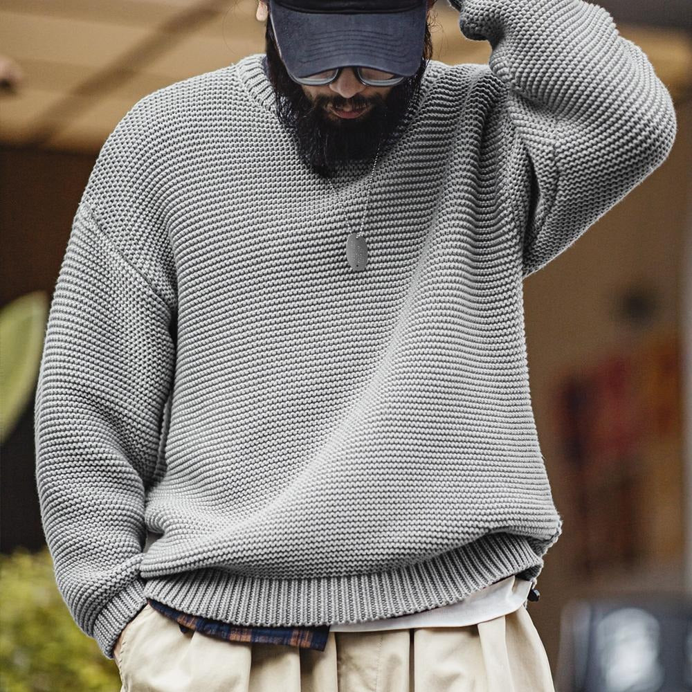 MADEN Men’s Heavyweight Chunky Knit Sweater – Loose Fit Round-Neck Pullover