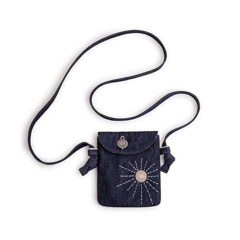 Sac bandoulière unisexe rétro en denim MADEN, broderie soleil style indien, petit format, idéal pour téléphone, écouteurs et clés. Tendance et chic.